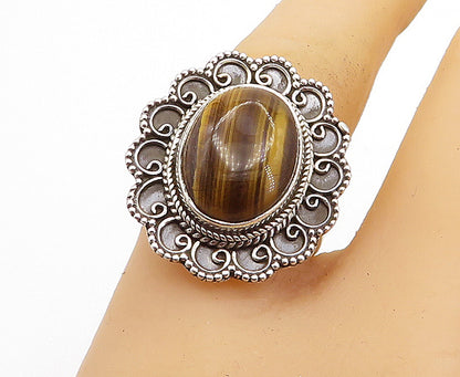 925 Sterling Silver  Vintage Tiger's Eye Swirl Wheat Cocktail Ring Sz 8 RG4486