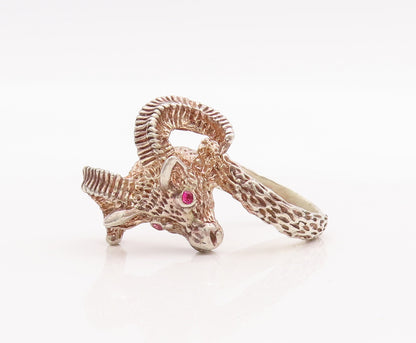 925 Sterling Silver Vintage Ring Solid Carved Goat With Ruby Eyes Sz 6 RG28310