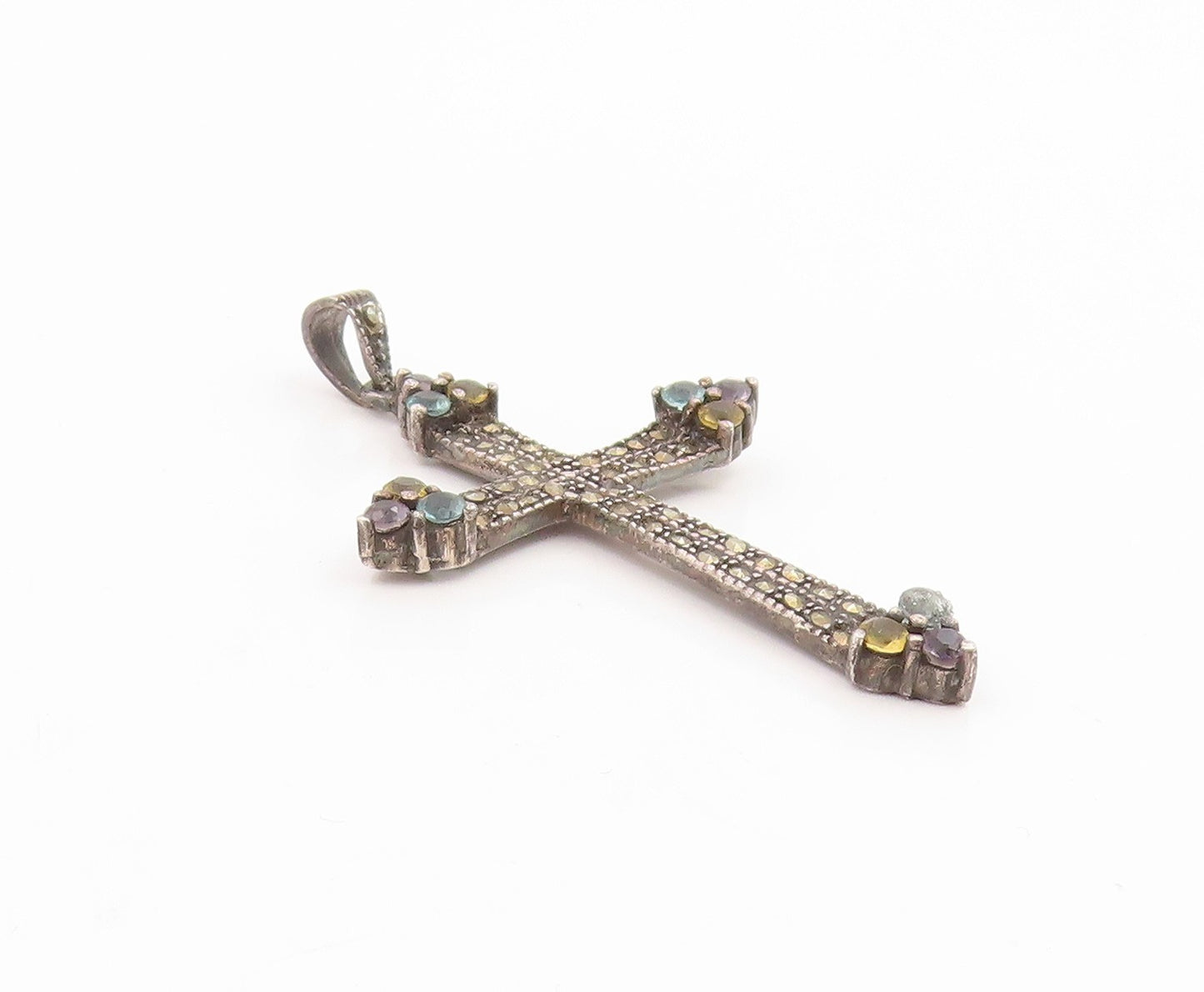 925 Sterling Silver Vintage Pendant Classic Multi Gemstone Holy Cross  PT26199