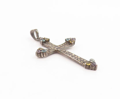 925 Sterling Silver Vintage Pendant Classic Multi Gemstone Holy Cross  PT26199