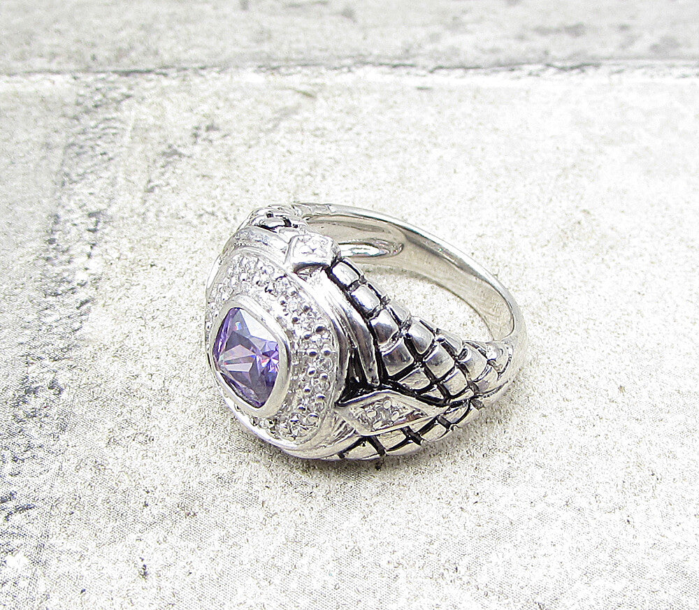 925 Sterling Silver Amethyst & White Cubic Zirconia Cocktail Ring Sz 6 RG1583