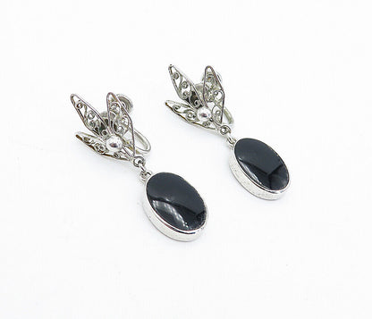 CARL ART 925 Silver  Vintage Black Onyx Floral Non Pierce Earrings  EG2589