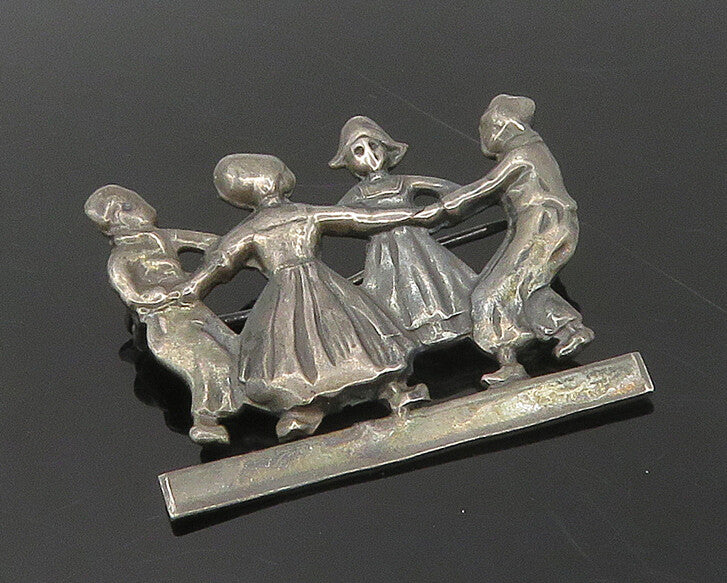 925 Sterling Silver  Vintage Oxidized Children Playing Brooch Pin  BP6820