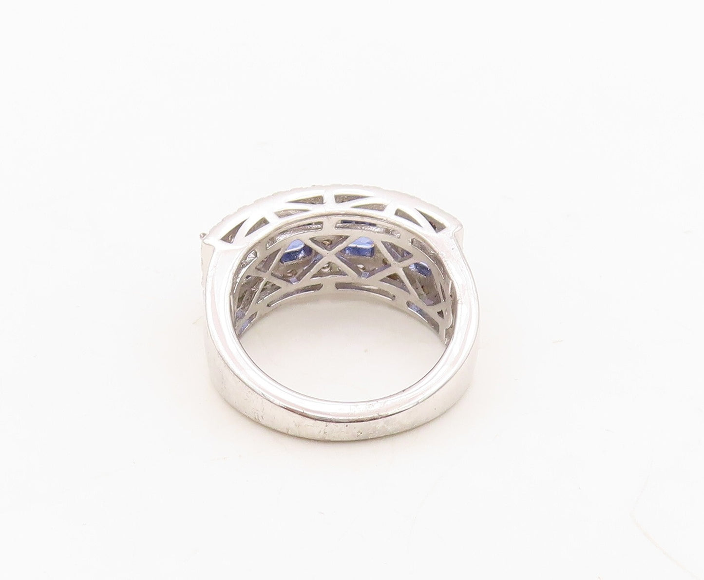 925 Sterling Silver Vintage Ring Rectangle Sapphire & CZ Inlay  Sz 7  RG30345