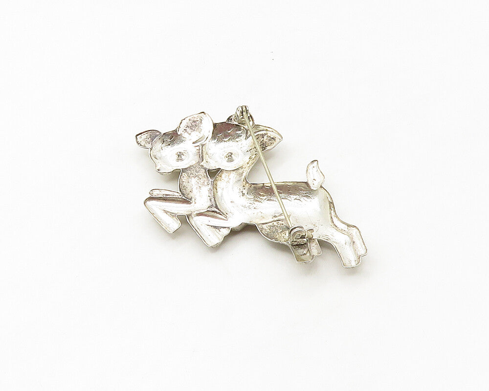 925 Sterling Silver  Vintage Red Topaz Prancing Baby Deer Brooch Pin  BP6719