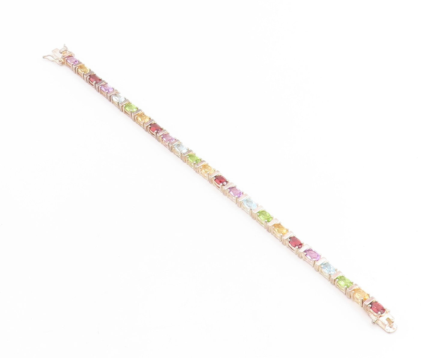 925 Sterling Silver Vintage Bracelet Oval Cut Multi Gemstone Link Chain  BT11461