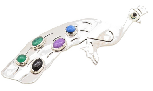 925 Sterling Silver Vintage Brooch MEXICO Multi color Gemstone Peacock  BP11660