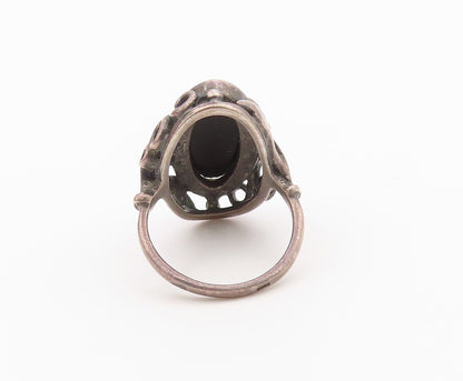 925 Sterling Silver Vintage Ring Oval Black Onyx Openwork Band  Sz 7  RG36447