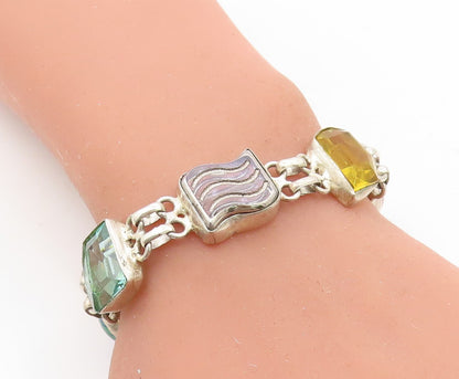925 Sterling Silver  Vintage Azurite Turquoise & Topaz Chain Bracelet  BT3157