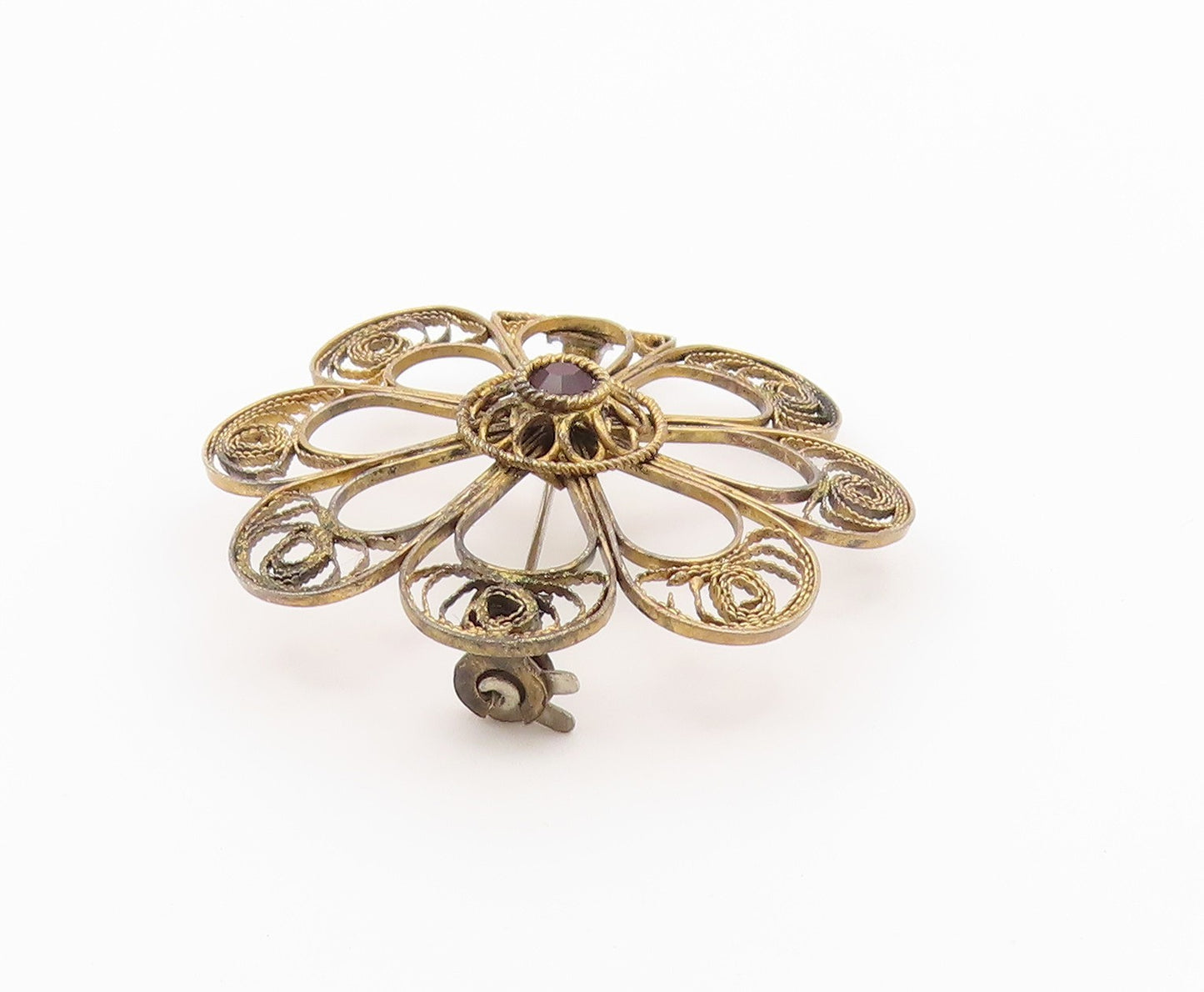 ISRAEL 925 Sterling Silver  Vintage Topaz Filigree Flower Brooch Pin  BP3606