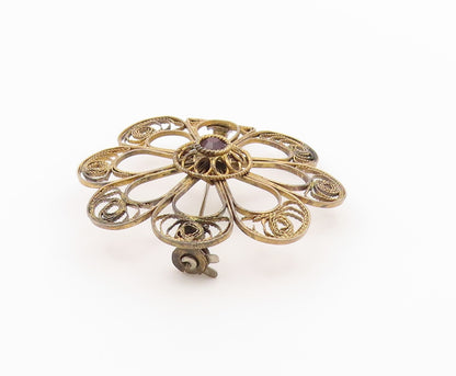 ISRAEL 925 Sterling Silver  Vintage Topaz Filigree Flower Brooch Pin  BP3606