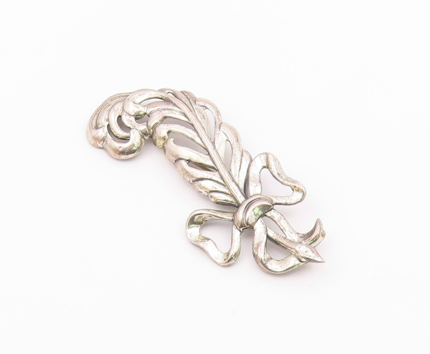 925 Sterling Silver  Vintage Shiny Bow Tied Ribbon Feather Brooch Pin  BP3641