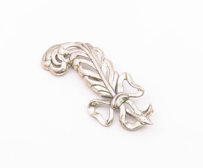 925 Sterling Silver  Vintage Shiny Bow Tied Ribbon Feather Brooch Pin  BP3641