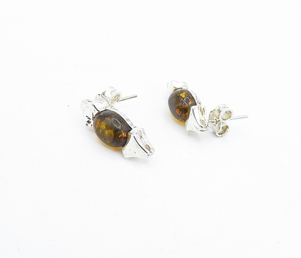 925 Sterling Silver  Cabochon Cut Amber Shiny Petite Drop Earrings  EG2254