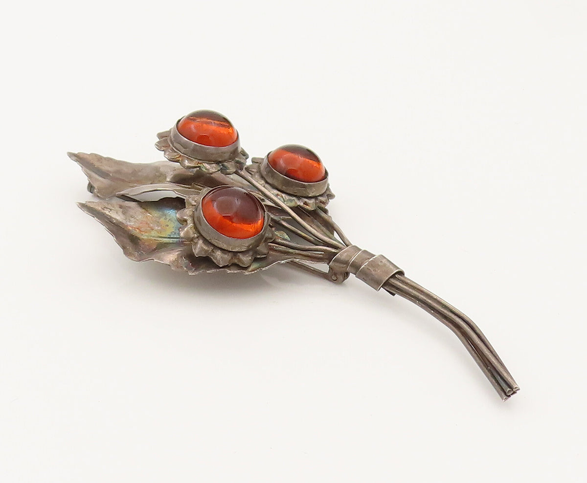 925 Silver  Vintage Cabochon Citrine Flower & Leaf Bouquet Brooch Pin  BP10268