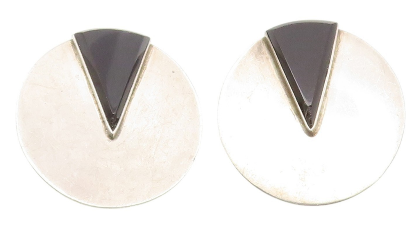 925 Sterling Silver Vintage Earrings MEXICO Onyx Modernist Round Clip On EG13895