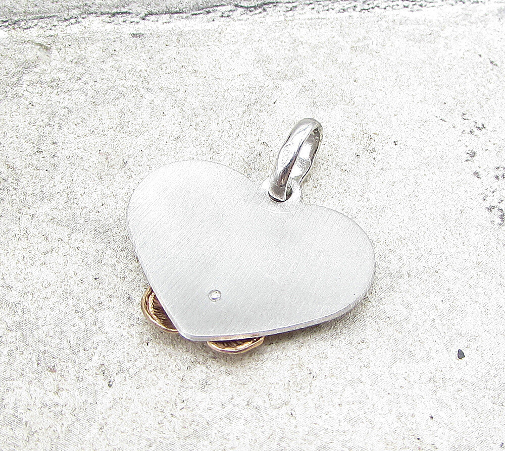 925 Sterling Silver Textured 2 Tone Love Heart Floral Drop Pendant PT1397