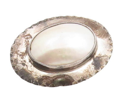 925 Sterling Silver Vintage Brooch NAKAI NAVAJO Oval Mother Of Pearl Pin BP11972