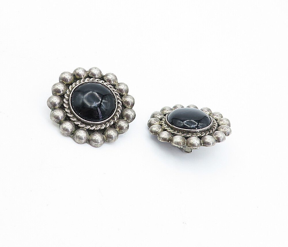 MEXICO 925 Silver  Vintage Black Onyx Floral Twist Non Pierce Earrings  EG2242