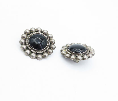 MEXICO 925 Silver  Vintage Black Onyx Floral Twist Non Pierce Earrings  EG2242