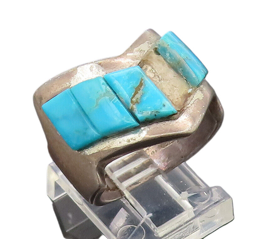 ZUNI NAVAJO 925 Silver  Vintage Antique Turquoise Zigzag Ring Sz 8  RG27139