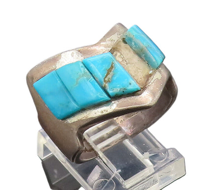 ZUNI NAVAJO 925 Silver  Vintage Antique Turquoise Zigzag Ring Sz 8  RG27139