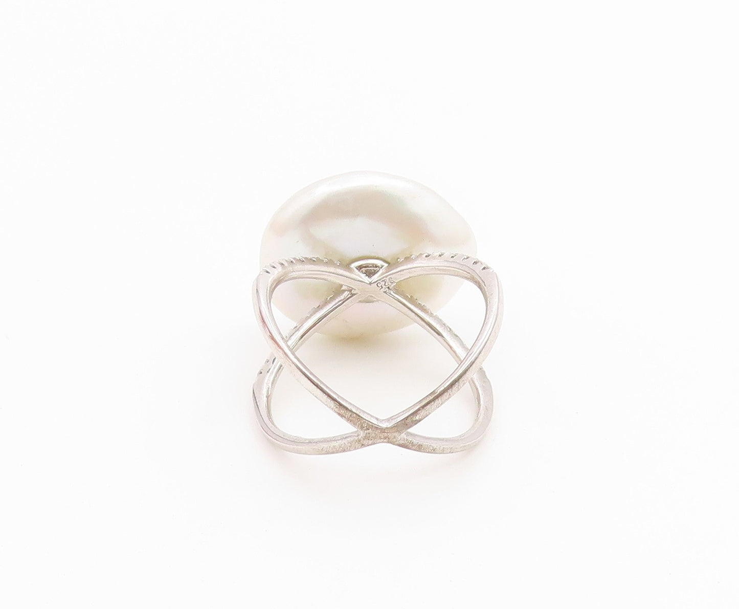 925 Sterling Silver Vintage Ring Modernist Pearl Split Shank  Sz 6.5  RG36744