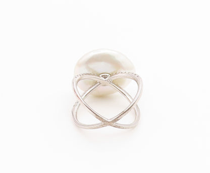 925 Sterling Silver Vintage Ring Modernist Pearl Split Shank  Sz 6.5  RG36744