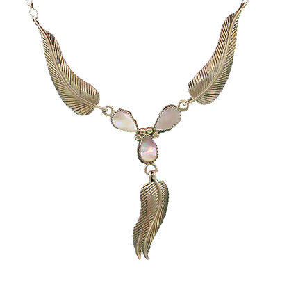 NAVAJO 925 Silver  Vintage Mother Of Pearl Floral Leaf Chain Necklace  NE3655