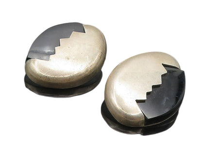 MEXICO 925 Silver  Vintage Black Onyx Cracked Egg Non Pierce Earrings  EG4861