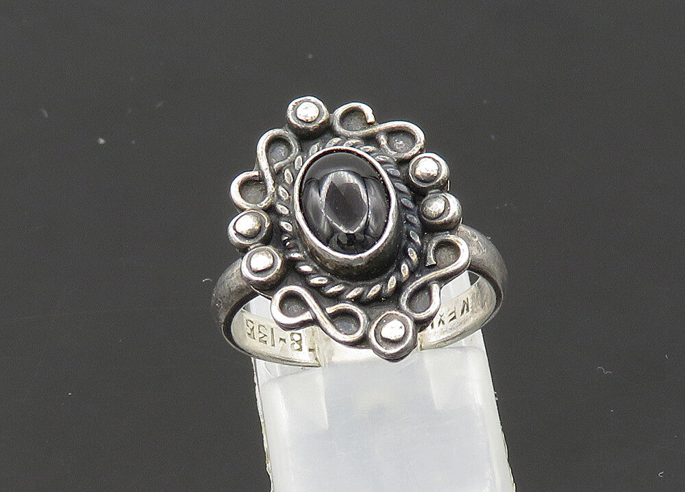 MEXICO 925 Silver  Vintage Black Onyx Floral Motif Band Ring Sz 6.5  RG20954