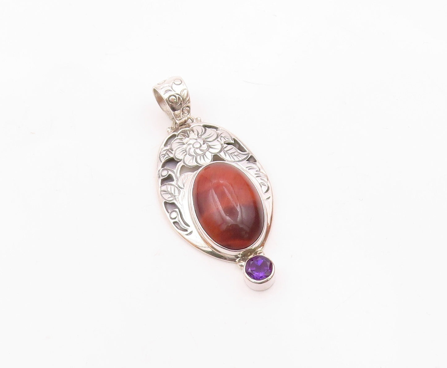 925 Sterling Silver  Vintage Red Tiger's Eye & Amethyst Floral Pendant PT16809