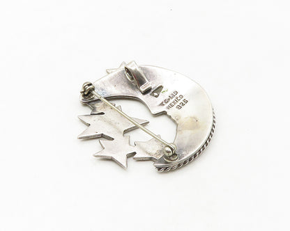 MEXICO 925 Sterling Silver  Vintage Crescent Moon & Stars Brooch Pin  BP6738