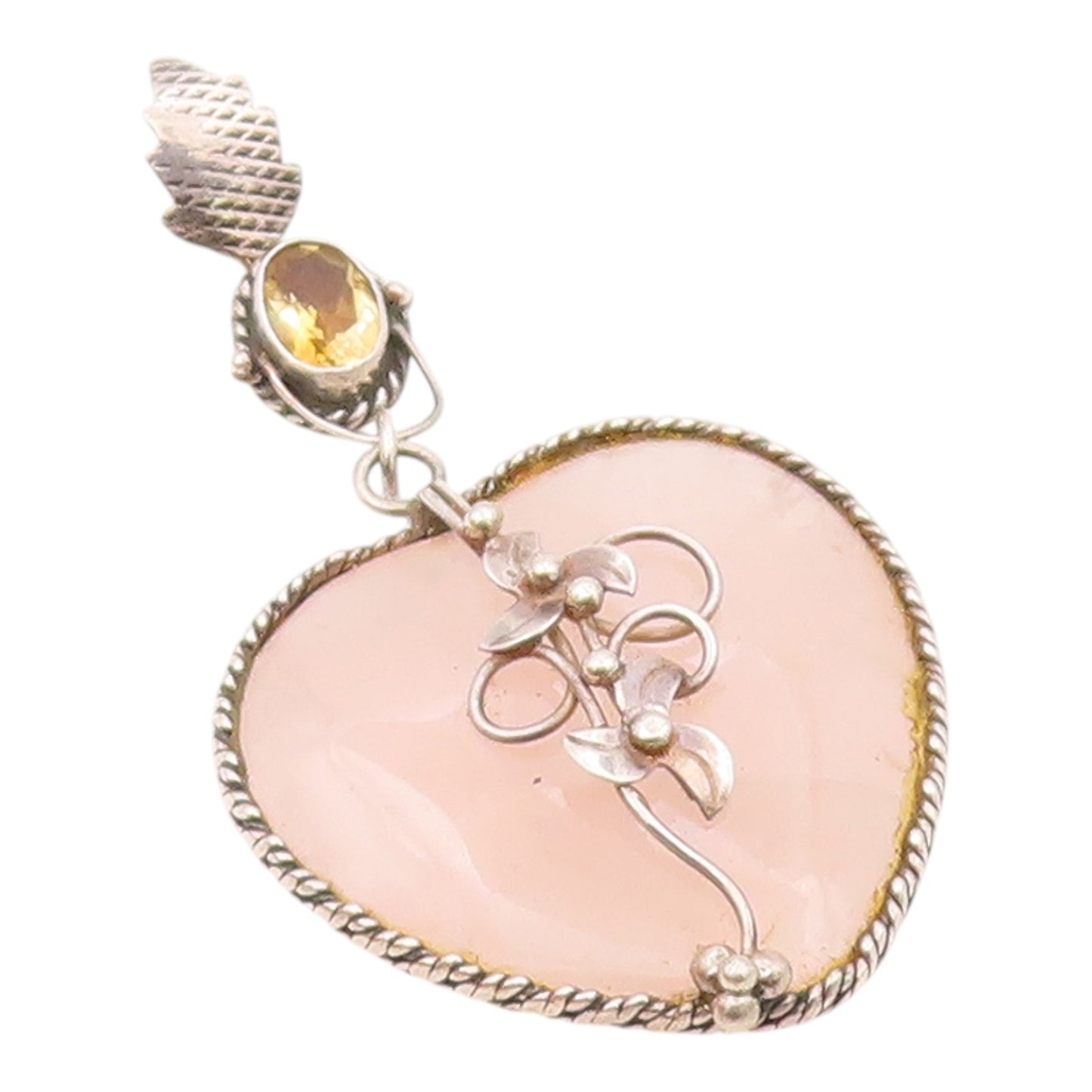 925 Silver  Vintage Rose Quartz Heart & Citrine Floral Vine Pendant  PT16762