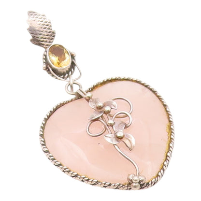 925 Silver  Vintage Rose Quartz Heart & Citrine Floral Vine Pendant  PT16762
