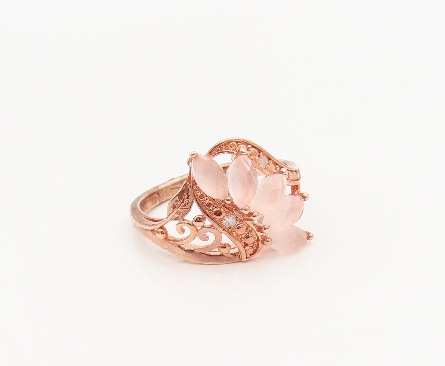 925 Silver  Vintage Swirly Carved Diamonds Quartz Leaf Ring Sz 8  RG26946