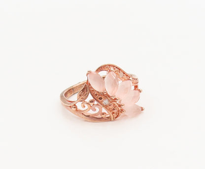 925 Silver  Vintage Swirly Carved Diamonds Quartz Leaf Ring Sz 8  RG26946