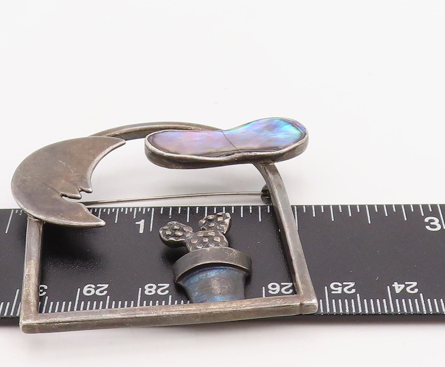 925 Sterling Silver Vintage Brooch Pin Cutout Abalone View Of Window  BP11226