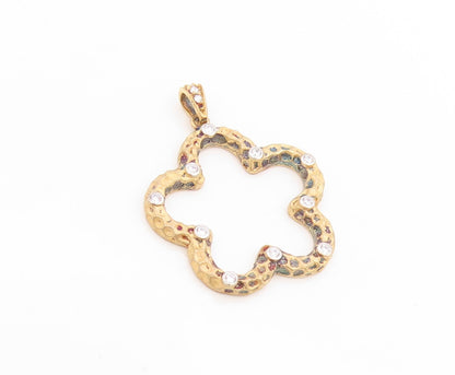 925 Sterling Silver Vintage Pendant Gold Plated CZ Hammered Open Flower  PT25835