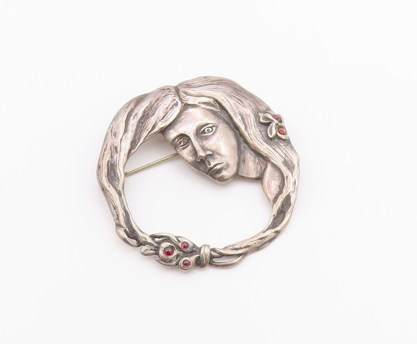 925 Sterling Silver  Vintage Modernist Garnet Woman Face Brooch Pin  BP9097