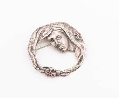 925 Sterling Silver  Vintage Modernist Garnet Woman Face Brooch Pin  BP9097