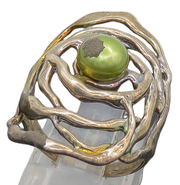 HAGIT GORALI ISRAEL 925 Silver  Vintage Green Pearl Band Ring Sz 6.5  RG20596