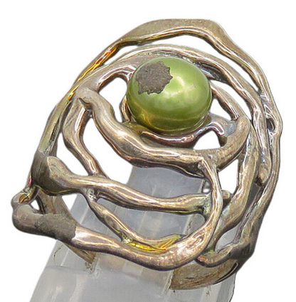 HAGIT GORALI ISRAEL 925 Silver  Vintage Green Pearl Band Ring Sz 6.5  RG20596