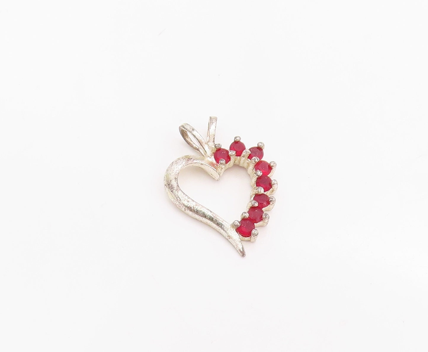 925 Sterling Silver Vintage Pendant Red Ruby Love Heart Cut Out Charm  PT24754