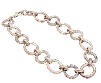 925 Sterling Silver Vintage Necklace Large Carved Solid Rings Link Chain  NE4255