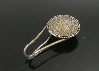 925 Sterling Silver  Vintage Oxidized Colombian Coin Money Clip  TR3181