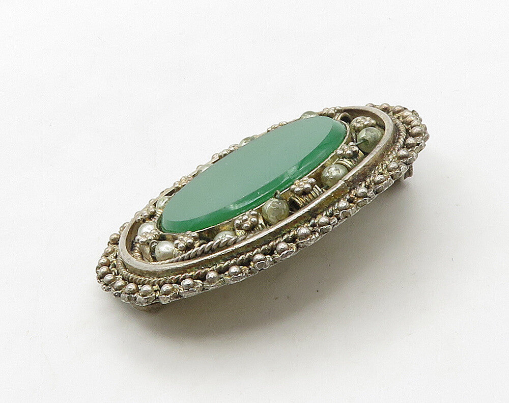 ISRAEL 925 Sterling Silver  Vintage Green Carnelian Floral Brooch Pin  BP6371