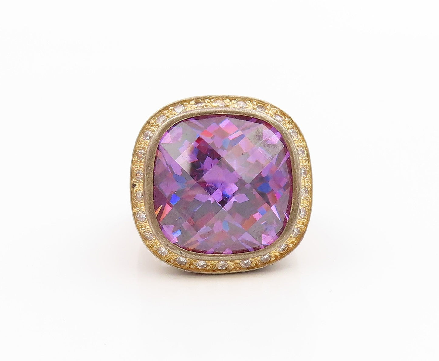 925 Sterling Silver Vintage Ring Gold Plated Amethyst Halo CZ Band Sz 6 RG36235