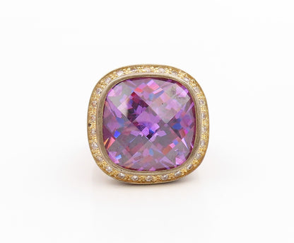 925 Sterling Silver Vintage Ring Gold Plated Amethyst Halo CZ Band Sz 6 RG36235