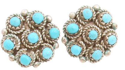925 Sterling Silver Vintage Earrings NAVAJO Round Turquoise Floral Stud  EG14035
